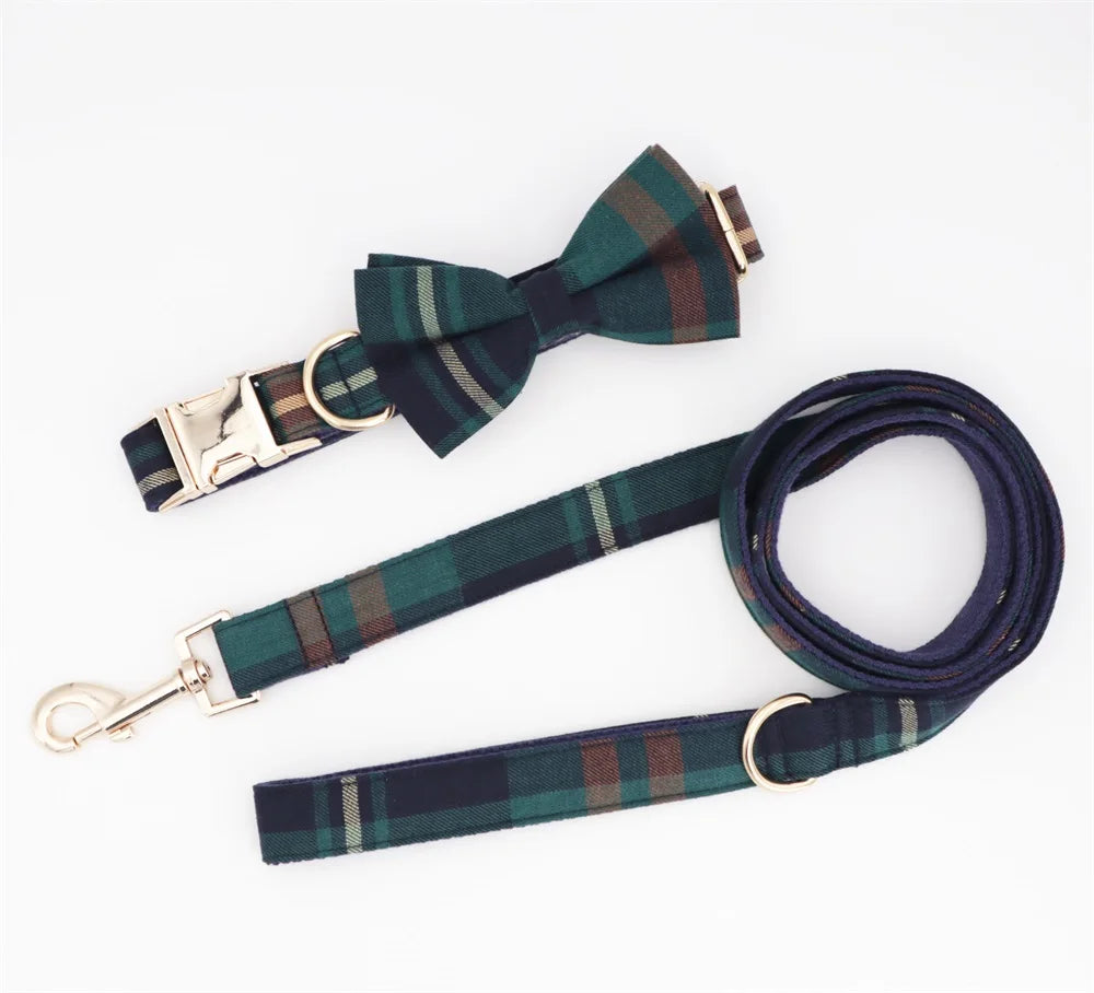 Green Tweed Tartan Dog Harness Set