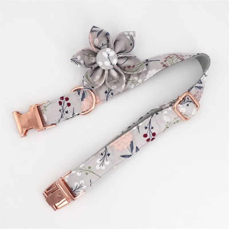 Grey Floral Bow Collar And Leash