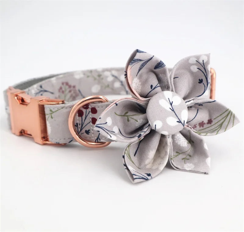 Grey Floral Bow Collar And Leash