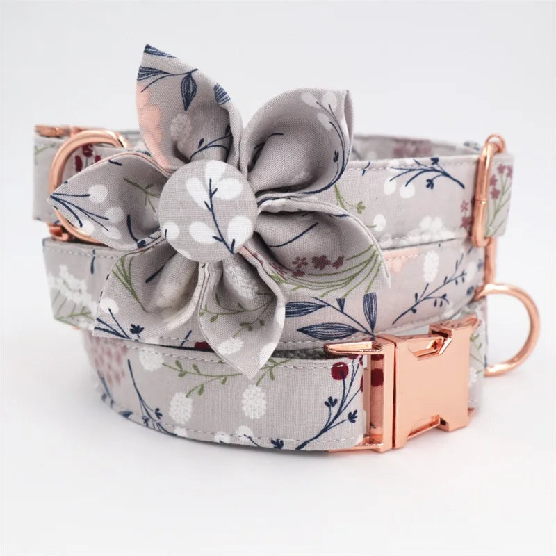 Grey Floral Bow Collar And Leash