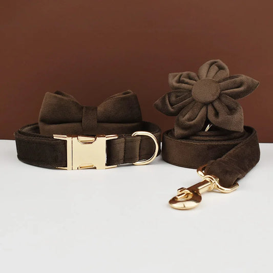Dark Brown Velvet Dog Collar Set