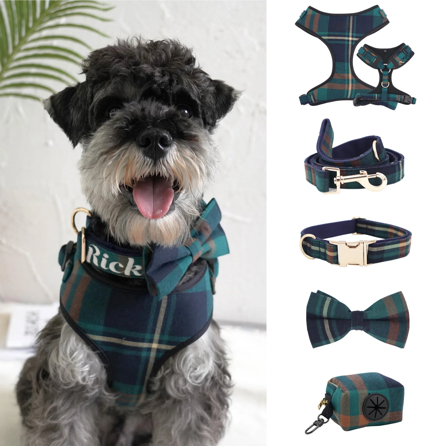 Green Tweed Tartan Dog Harness Set