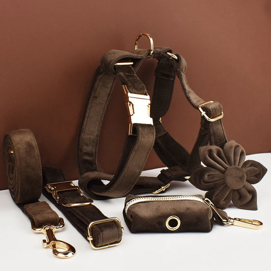 Dark Brown Velvet Dog Collar Set