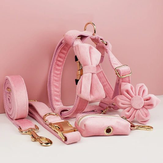 Pink Velvet Dog Collar Set