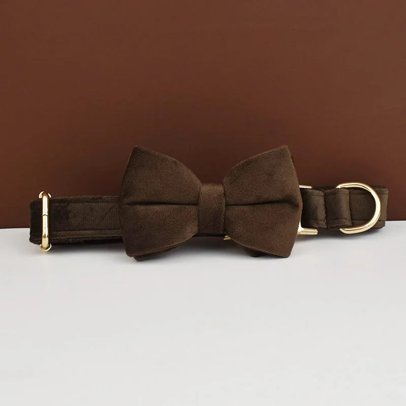 Dark Brown Velvet Dog Collar Set