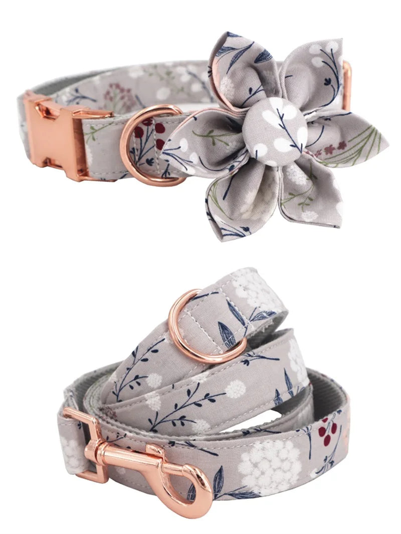 Grey Floral Bow Collar And Leash