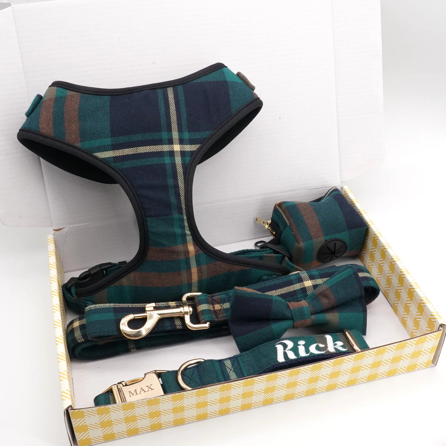 Green Tweed Tartan Dog Harness Set